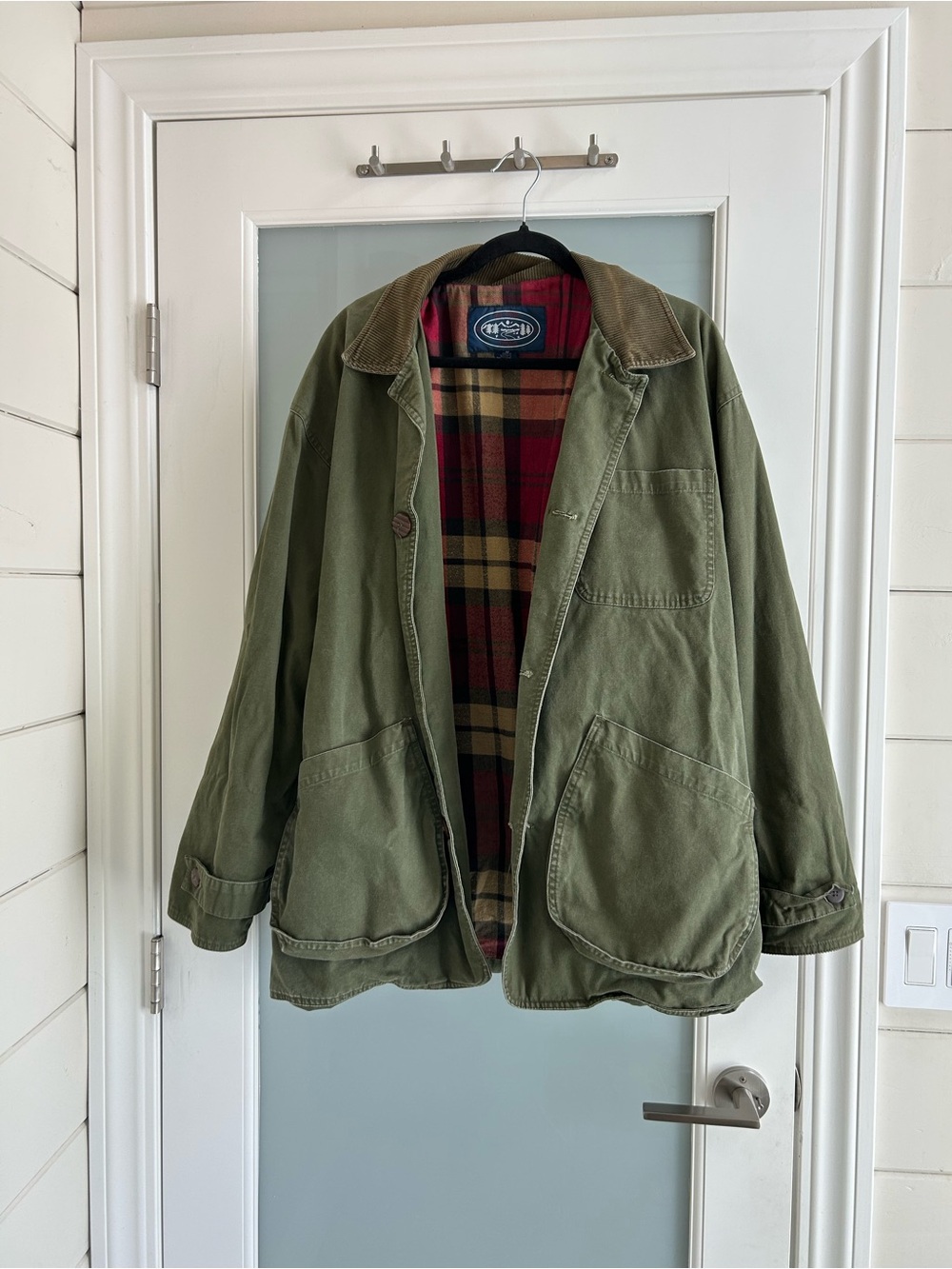 Alpine Olive Green Field Jacket with Red Plaid Lining